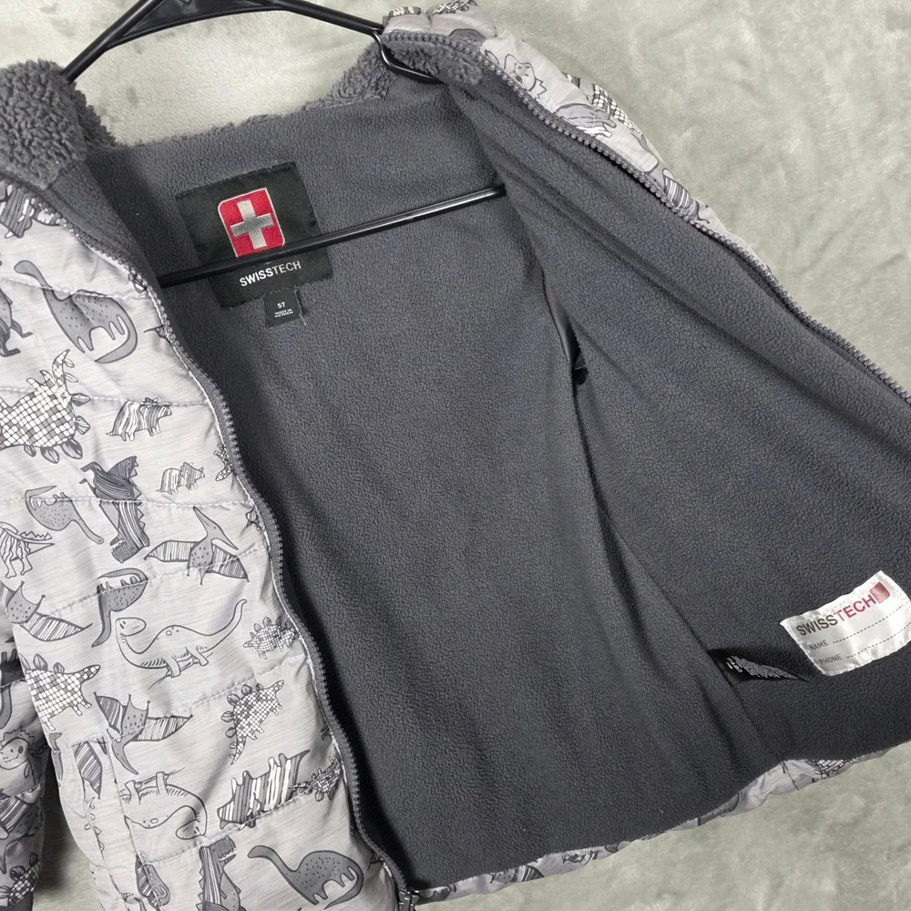 Kids SwissTech Dinosaur Puffer Jacket Hooded‎ Sherpa Lined Gray 5T
